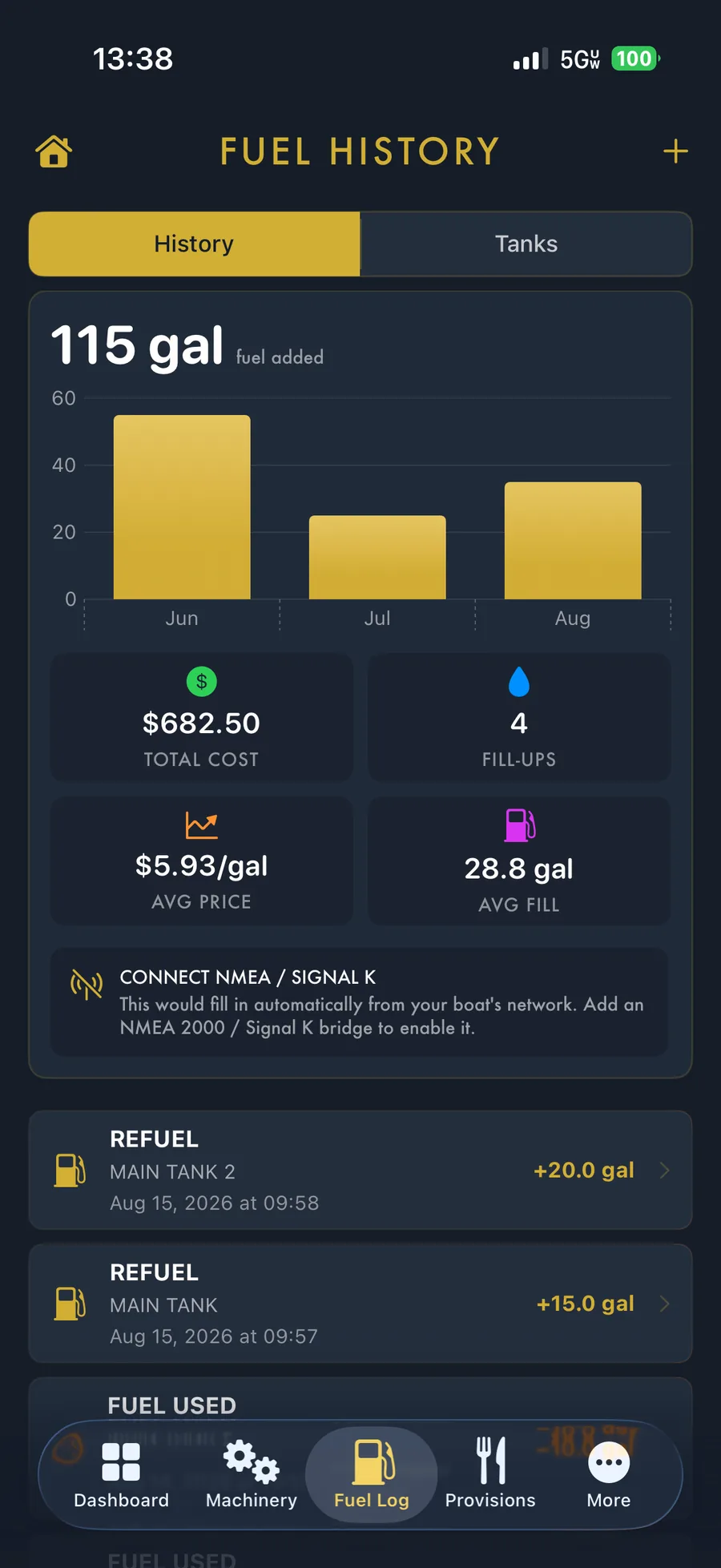 BoatWorks Pro Fuel History screen
